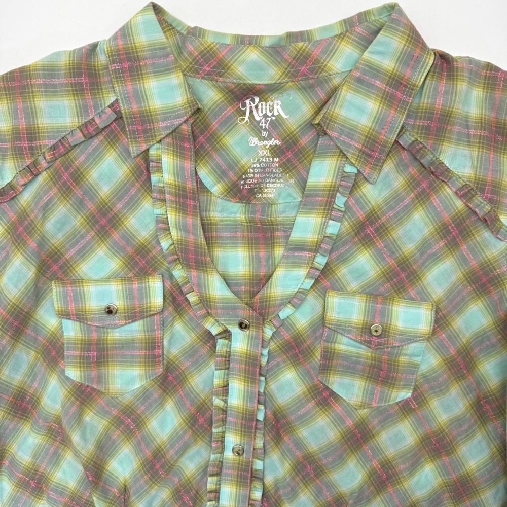 Wrangler Rock 47 Western Shirt Womens XXL Teal Pink Plaid Metallic LJ7413M